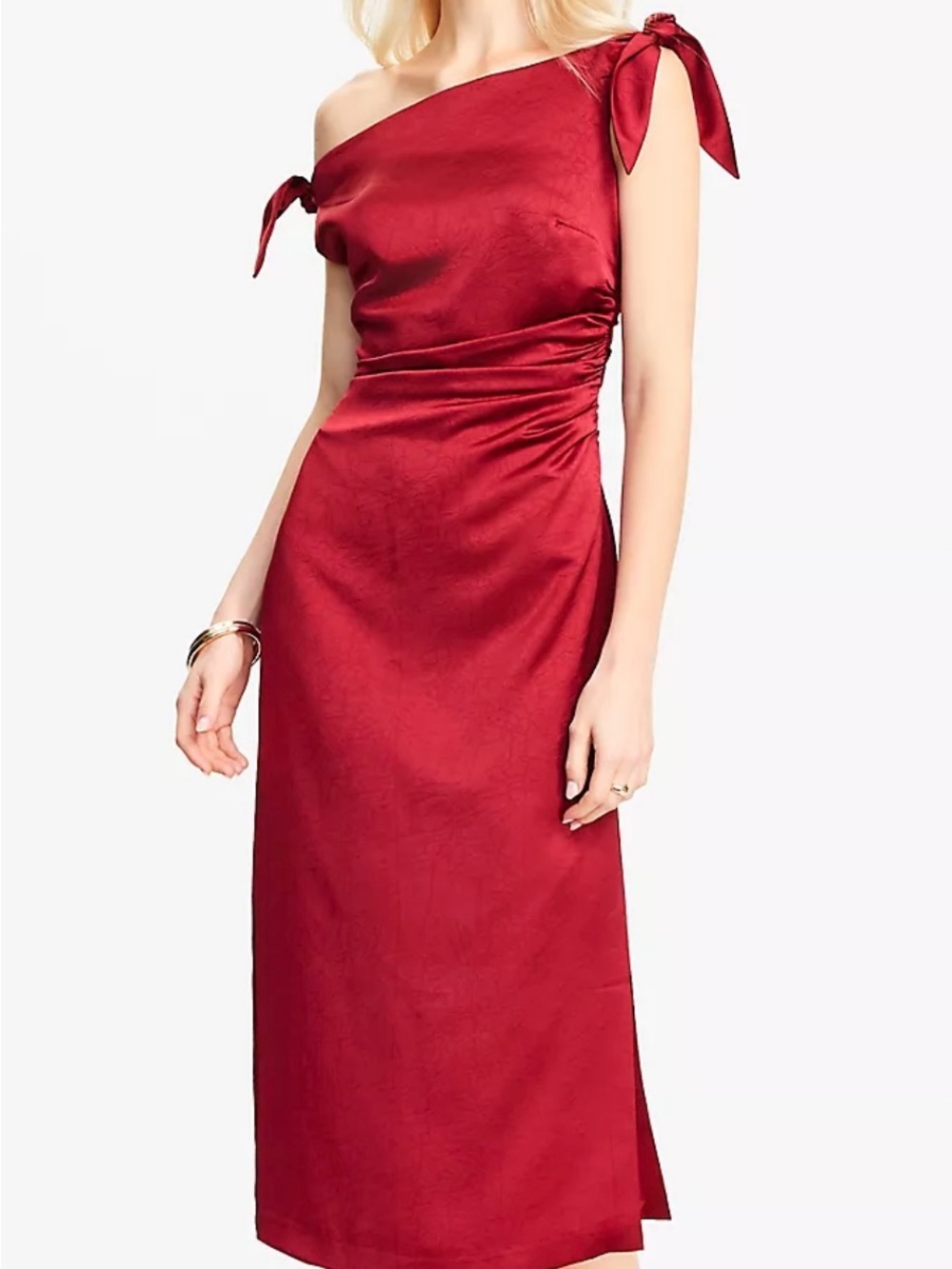 LOFT One-Shoulder Bow-Detail Midi Dress in Ruby